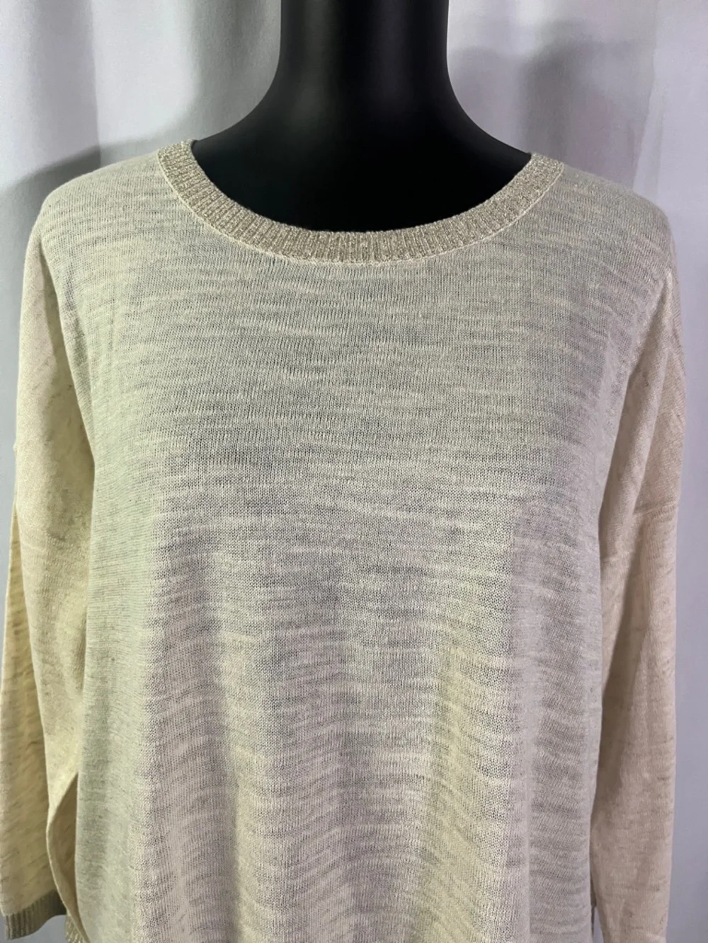 NWT LOFT Cream Gold Shimmer Trim 3/4 Sleeve Linen Blend Sweater